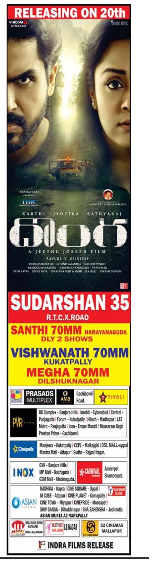 Karthi’s Donga Hyderabad And Nizam Theaters List