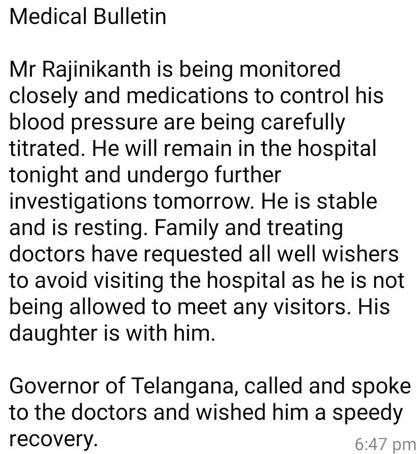 Latest Medical Bulletin On Rajnikanth’s Condition