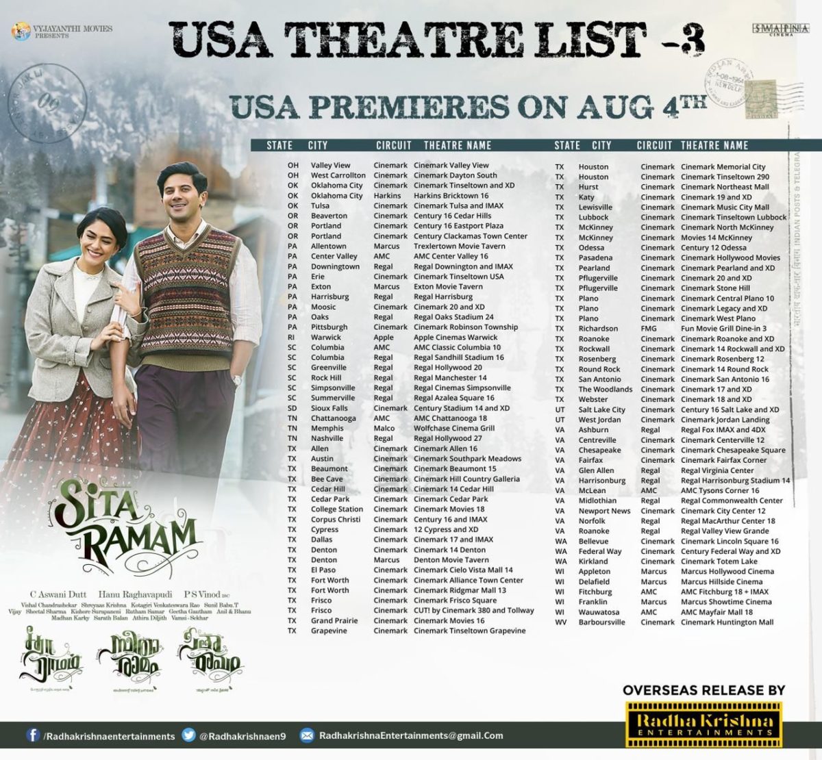 Us Theatres List For Sita Ramam Premiers