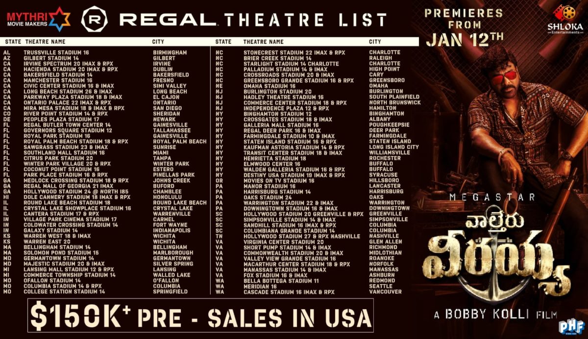 Complete List Of Usa Theaters For Waltair Veerayya