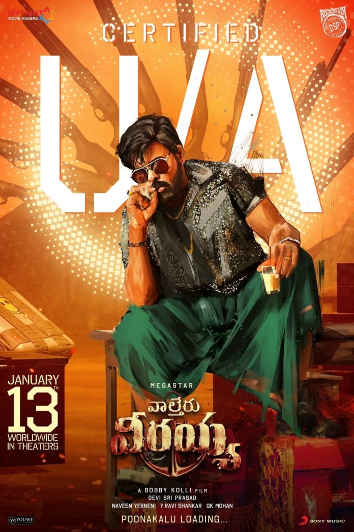 ” Waltair Veerayya'” Gets U/a Censor Certificate  In Less Than Two Weeks On January 13th, Sankranthi Festivities Will Begin For The Fans Of Megastar Chiranjeevi And Mass Maharaja Ravi Teja With The Most-awaited Mass Action Entertainer Waltair Veerayya Hitting The Screens On January 13th. Meanwhile, The Film’s Censor Formalities Have Also Been Finished. The Film Directed By Bobby Kolli (ks Ravindra) Has Got A U/a Certificate. Needless To Say, Waltair Veerayya Is The Kind Of Movie Fans And Masses Have Been Expecting In The Crazy Combination Of Chiranjeevi, Ravi Teja, Bobby, And Mythri Movie Makers.  Waltair Veerayya Will Be High On Entertainment And Chiranjeevi Will Be Seen In A Vintage Hilarious Role. Ravi Teja’s Special In The Second Half Will Be One Of The Biggest Highlights. Of Course, The Movie Will Have Action, Mass, Romance, And Dances. Rockstar Devi Sri Prasad Composed An Album Consisting Of Melodious As Well As Mass Numbers. Poonakaalu Loading Has Got A Massive Response From All Sections. The Fifth And Last Song From The Movie Will Be Launched Soon.