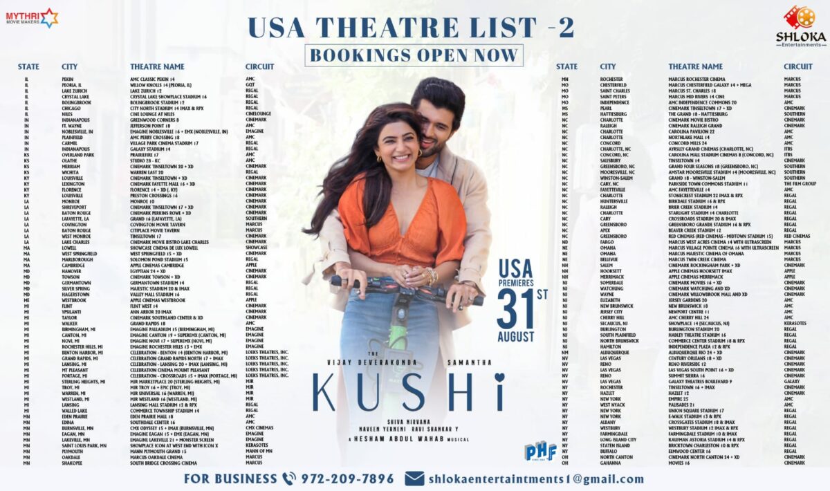 Kushi Premieres On August 31st, Theaters List Out