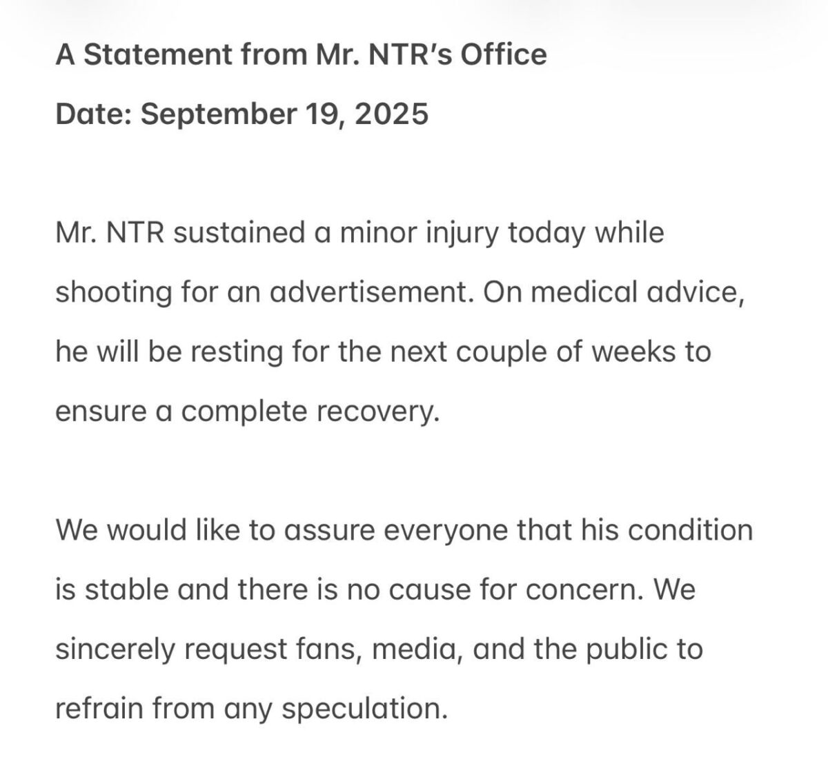 Ntr Suffers Minor Injury, Fans Told Not To Worry